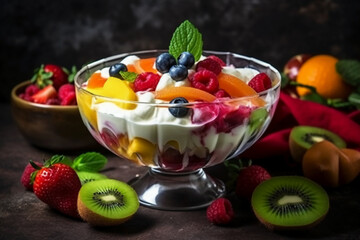 Colorful fruit salad in a glass bowl with different sliced fruits an whipped cream yogurt in a nice setup environment. AI generative