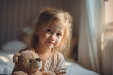 Toddler, young girl at home on her bed in the children's room with her teddy bear soft toy, in the morning or at sunset. Generative AI