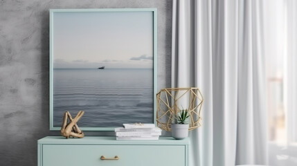 Mockup poster frame close up in coastal style home interior, 3d render. Generative Ai