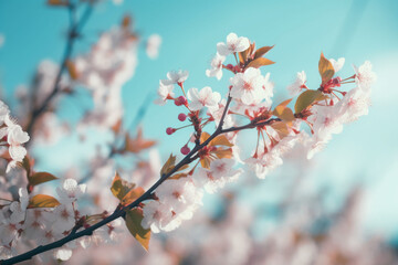 Cherry Blossom Spring Blue Sky Background. AI generative