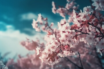 Obraz premium Cherry Blossom Spring Blue Sky Background. AI generative