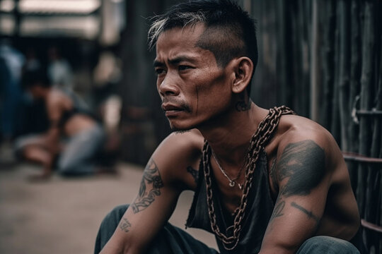 young asian adult man chained, chained, prison or enslavement, fictional place. Generative AI