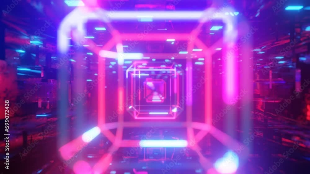 Poster hi-tech neon sci-fi tunel. trendy neon glow lines form pattern and construction in mirror tunnel. fl