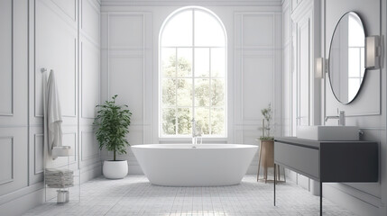 Obraz na płótnie Canvas White cozy bathroom interior background, wall mockup, 3d render. Generative Ai