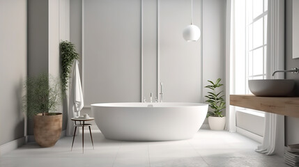Fototapeta na wymiar White cozy bathroom interior background, wall mockup, 3d render. Generative Ai