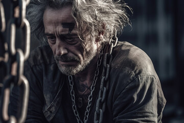 mature gray hair old caucasian adult man chained, chained, prison or enslavement, fictional place. Generative AI