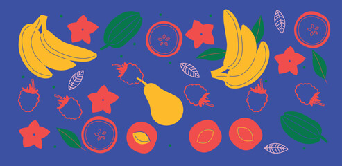 Appetizing fruit and berries collection. Decorative abstract horizontal banner with colorful doodles. Hand-drawn modern illustrations with fruit and berries, abstract elements. Abstract series