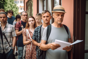 bored people of different ages in a long queue. Generative AI