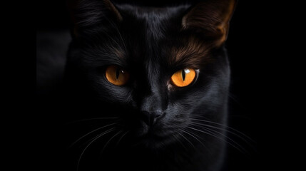 Portrait of a black cat with yellow eyes on a black background.generative ai