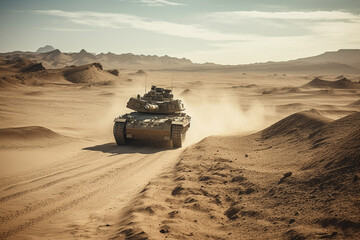 a fictional army tank driving along a narrow path in a desert region. Generative AI