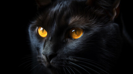 Portrait of a black cat with yellow eyes on a black background.generative ai