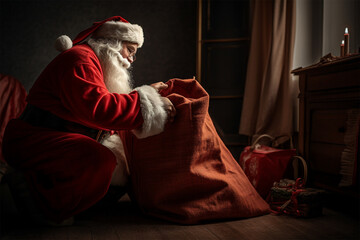 Fototapeta premium Santa Claus is packing Christmas presents at the table. New Year and Christmas concept. Generative AI