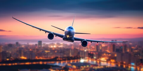 Fototapeta na wymiar Airplane In Flight At Twilight With Blurred Cityscape. Generative AI 