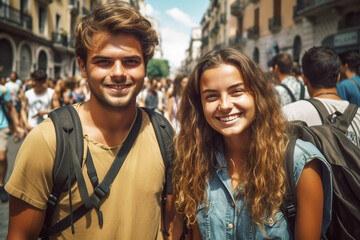 Fototapeta premium young couple or friends or siblings together in an old town, fictional place, excursion or vacation or weekend or shopping in summer. Generative AI