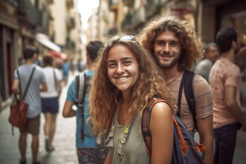 young couple or friends or siblings together in an old town, fictional place, excursion or vacation or weekend or shopping in summer. Generative AI