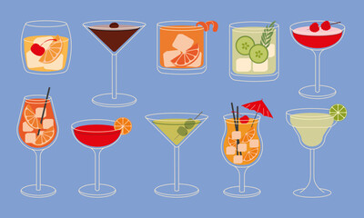 Set of cocktails vector flat illustration. Classic cocktails in different types of glasses for menu. Alcohol beverages.