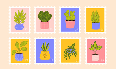 Set of colourful post stamps with houseplants vector flat illustration. Mail and post office concept.