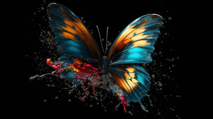 Butterfly on the water with drops of water on a black background.generative ai