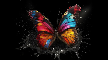 Butterfly on the water with drops of water on a black background.generative ai
