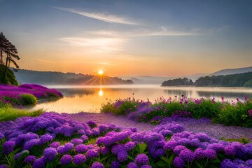 Fototapeta na wymiar flowers with lake 