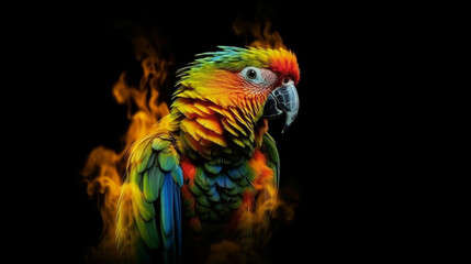Fototapeta premium Colorful parrot on fire isolated on black background,generative ai