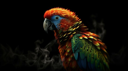 Fototapeta premium Colorful parrot on fire isolated on black background,generative ai