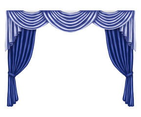 Arch of blue curtains made of satin, silk, fabric. Digital illustration on a white background. Decorative element for windows and doors in the interior of a house, dance hall, theater