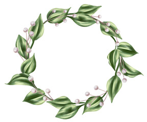 Elegant wreath in a round frame of green rose leaves and dried decorative branches in watercolor style. Digital illustration on a white background. For invitations, thanks or a greeting card