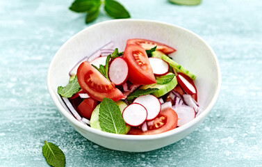 Spring tomato and cucumber salad with radishes and mint leaves