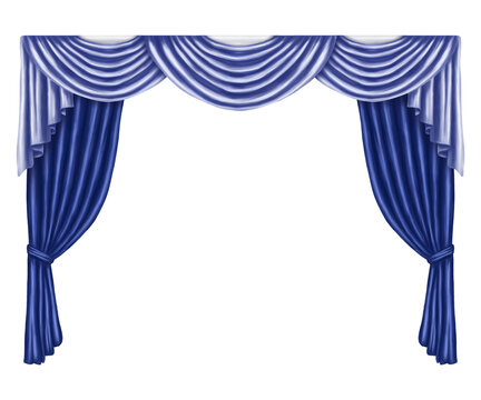 Arch of blue curtains made of satin, silk, fabric. Digital illustration on a white background. Decorative element for windows and doors in the interior of a house, dance hall, theater