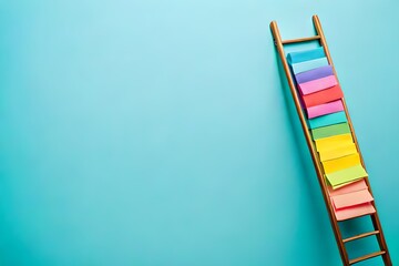 Flat lay ladder and colorful sticky notes isolated on pastel blue background