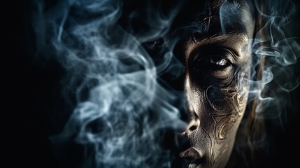 Human skull with smoke on black background. Halloween concept.generative  ai