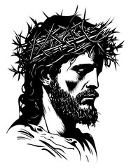 Jesus Christ in a crown of thorns on his head, religious t-shirts and print design, vector illustration