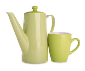 Green teapot with cup on white background