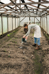 pretty woman watering the seedlings in a big greenhouse