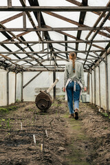 An attractive woman holding a tin bucket and walking in the greenhouse looking at seedlings