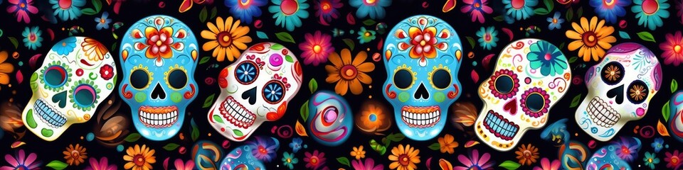 Day of the Dead skulls pattern. Day of the dead and mexican Halloween texture. Mexican tradition festival. Day of the dead sugar skull isolated. Dia de los Muertos tattoo. Generative AI