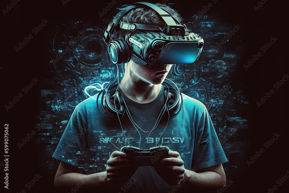 Poster man wearing virtual reality goggles. neural network ai generated art