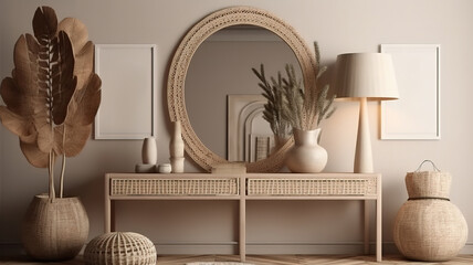 Mock up frame in cozy beige home interior background, Boho style. Generative Ai