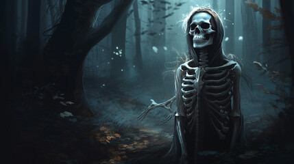 Fototapeta na wymiar Human skeleton in the forest.generative ai