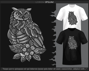 Monochrome color Owl bird mandala arts isolated on black and white t shirt.