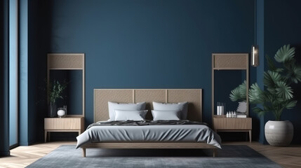 Poster frame mockup in dark blue bedroom interior background. Generative Ai