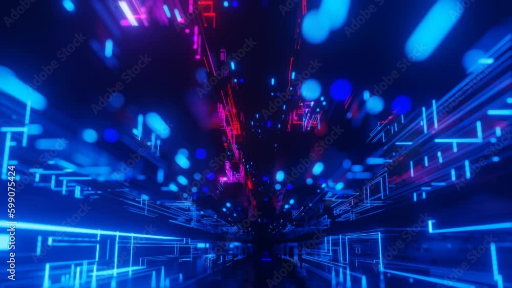 Poster pattern like sci-fi hologram. fly through technology cyberspace with neon glow. sci-fi flight throug