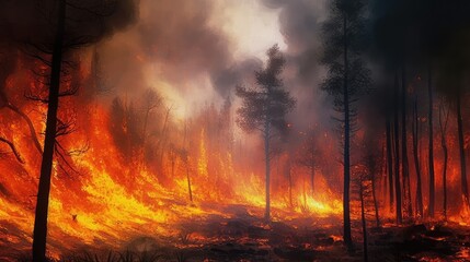 Forest fire with trees on fire. Generative AI	