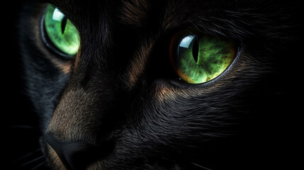 Close-up of a cat's green eye on a black background.generative ai