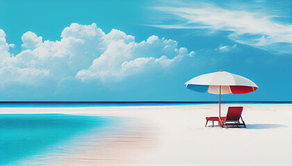 Naklejka na ściany i meble Vibrant Beach Panorama Illustration: White Sand, Chairs, Umbrella & Scenic Travel Tourism Background Generative AI