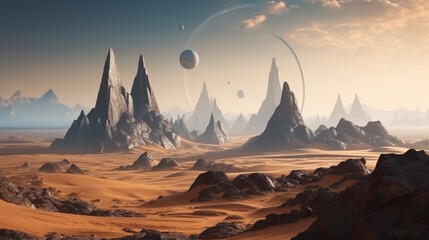 Fantasy alien planet. Mountain and sunset. generative ai