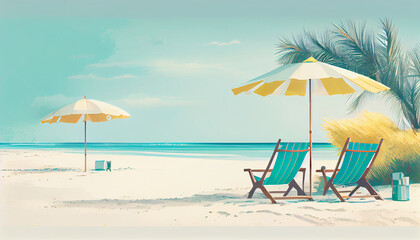 Fototapeta na wymiar Vibrant Beach Panorama Illustration: White Sand, Chairs, Umbrella & Scenic Travel Tourism Background Generative AI