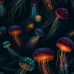 Seamless pattern with bright glowing jelly fishes. Made with Generative AI.