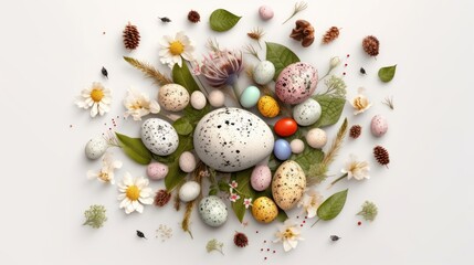 Fototapeta na wymiar Bring Colorful Easter Celebration to Your Table with Top View of Delicious Eggs, Sweet Candy and Flowers in Spring Colors, Generative AI